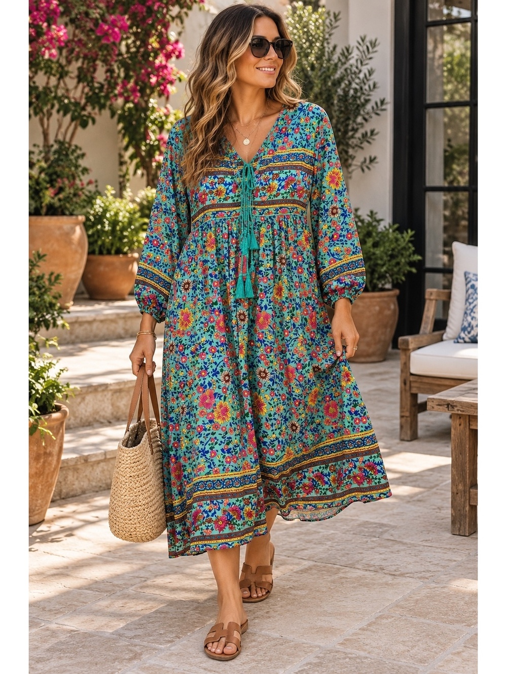 R. Vivimos Bohemian Floral Print Midi Dress with Tassel Tie